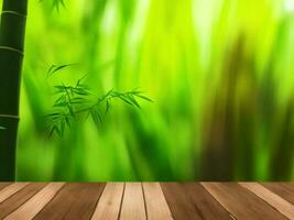 Wooden table on bamboo plant background ai generated photo