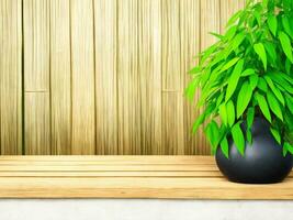 Wooden table on bamboo plant background ai generated photo