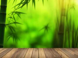 Wooden table on bamboo plant background ai generated photo