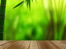 Wooden table on bamboo plant background ai generated photo