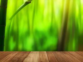 Wooden table on bamboo plant background ai generated photo