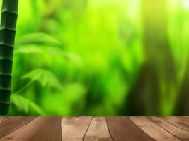 Wooden table on bamboo plant background ai generated photo