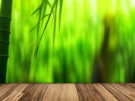 Wooden table on bamboo plant background ai generated photo