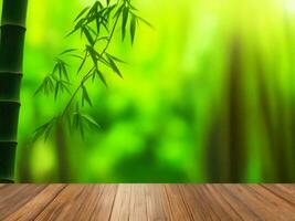 Wooden table on bamboo plant background ai generated photo