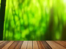 Wooden table on bamboo plant background ai generated photo