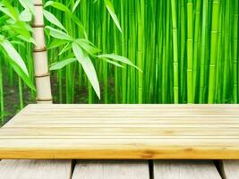 Wooden table on bamboo plant background ai generated photo