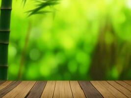 Wooden table on bamboo plant background ai generated photo