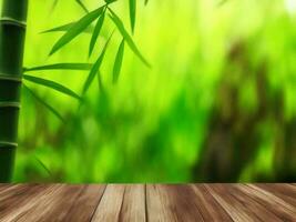 Wooden table on bamboo plant background ai generated photo