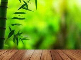 Wooden table on bamboo plant background ai generated photo