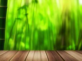 Wooden table on bamboo plant background ai generated photo