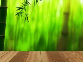 Wooden table on bamboo plant background ai generated photo