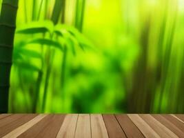 Wooden table on bamboo plant background ai generated photo