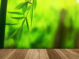 Wooden table on bamboo plant background ai generated photo