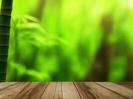 Wooden table on bamboo plant background ai generated photo