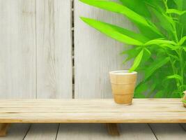 Wooden table on bamboo plant background ai generated photo