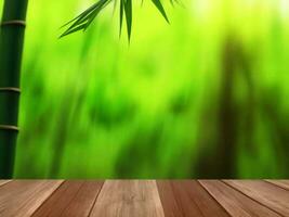 Wooden table on bamboo plant background ai generated photo