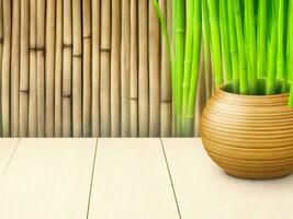 Wooden table on bamboo plant background ai generated photo