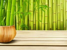 Wooden table on bamboo plant background ai generated photo