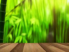 Wooden table on bamboo plant background ai generated photo