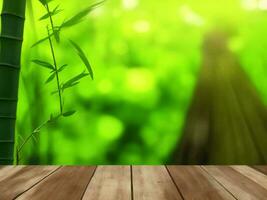 Wooden table on bamboo plant background ai generated photo