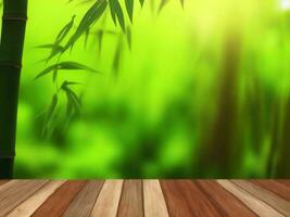 Wooden table on bamboo plant background ai generated photo