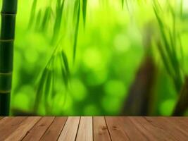 Wooden table on bamboo plant background ai generated photo