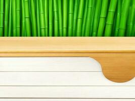 Wooden table on bamboo plant background ai generated photo