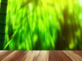 Wooden table on bamboo plant background ai generated photo