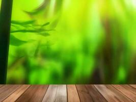 Wooden table on bamboo plant background ai generated photo