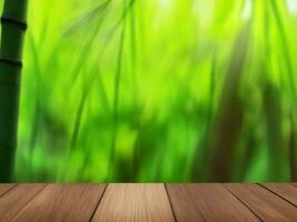 Wooden table on bamboo plant background ai generated photo