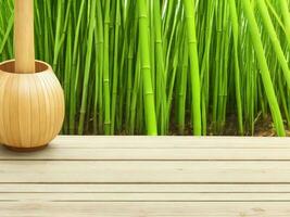 Wooden table on bamboo plant background ai generated photo