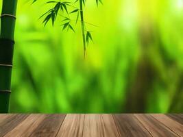 Wooden table on bamboo plant background ai generated photo