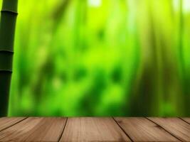 Wooden table on bamboo plant background ai generated photo