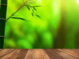 Wooden table on bamboo plant background ai generated photo