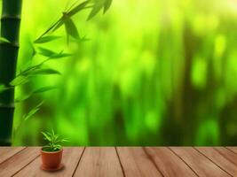 Wooden table on bamboo plant background ai generated photo