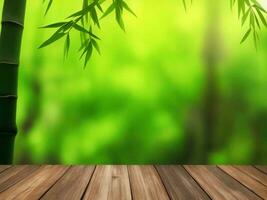 Wooden table on bamboo plant background ai generated photo