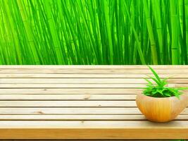 Wooden table on bamboo plant background ai generated photo