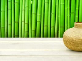 Wooden table on bamboo plant background ai generated photo