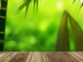 Wooden table on bamboo plant background ai generated photo