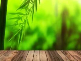 Wooden table on bamboo plant background ai generated photo