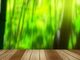 Wooden table on bamboo plant background ai generated photo