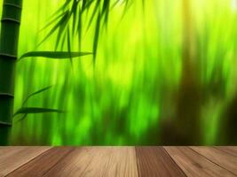 Wooden table on bamboo plant background ai generated photo