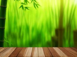 Wooden table on bamboo plant background ai generated photo