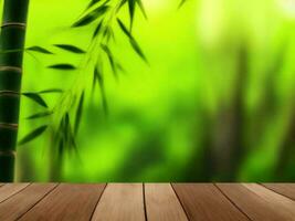 Wooden table on bamboo plant background ai generated photo