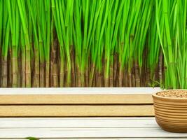 Wooden table on bamboo plant background ai generated photo