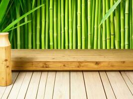 Wooden table on bamboo plant background ai generated photo