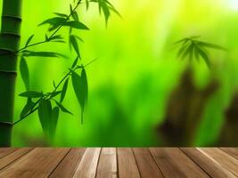 Wooden table on bamboo plant background ai generated photo