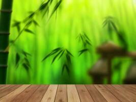 Wooden table on bamboo plant background ai generated photo