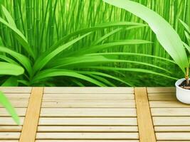 Wooden table on bamboo plant background ai generated photo