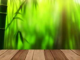 Wooden table on bamboo plant background ai generated photo